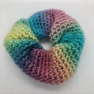 Hand crocheted fluffy rainbow scrunchie 🌈
